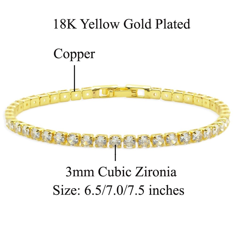 14K Gold Plated 3mm Cubic Zirconia Classic Tennis Bracelet for Women Girl 6.5-7.5 Inch Dropshipping Dainty Jewellery Hip Hop