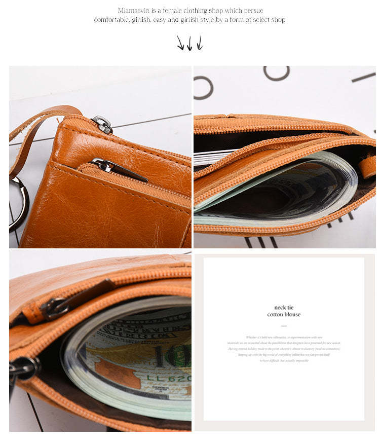 Retro zipper short cowhide small change card holder mySite