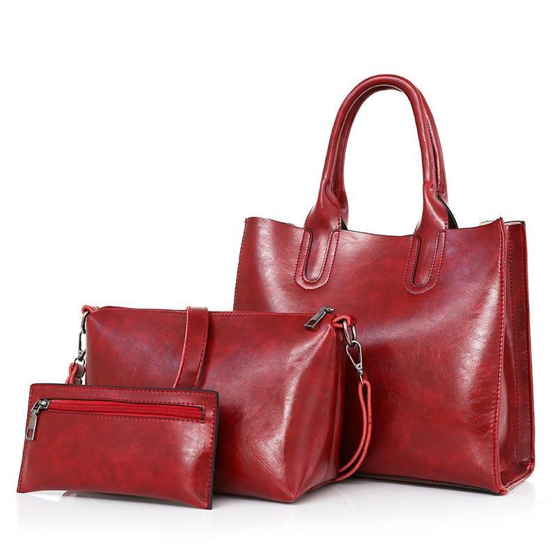 Women's new retro three-piece fashion oil wax leather large-capacity handbag mySite