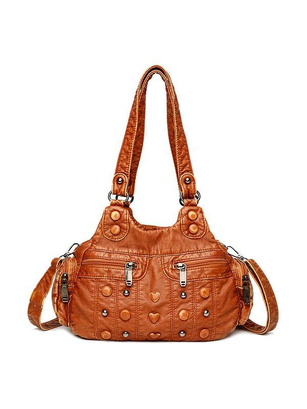 Heart Studded High Capacity Washed Leather Bag mySite
