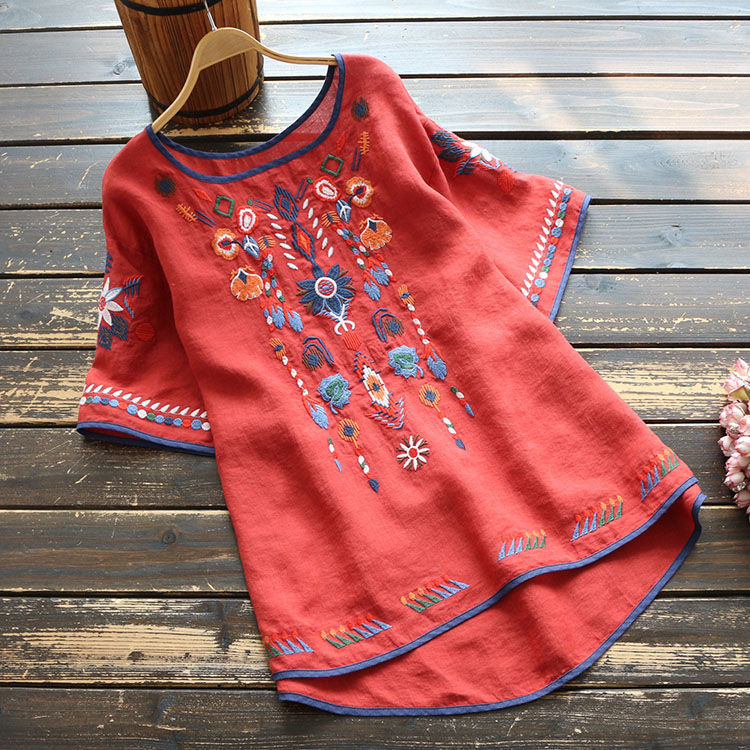 Women round neck short-sleeved embroidered large size loose T-shirt tops