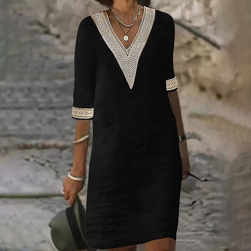 V-neck Lace-trimmed Cotton Linen Dress