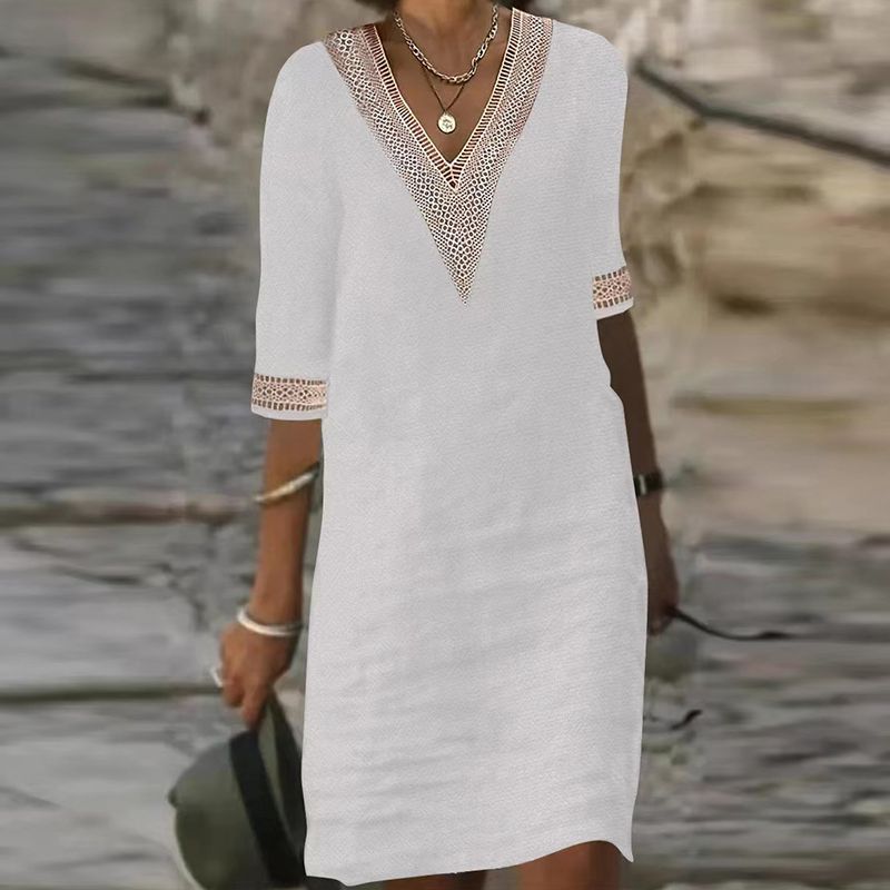 V-neck Lace-trimmed Cotton Linen Dress