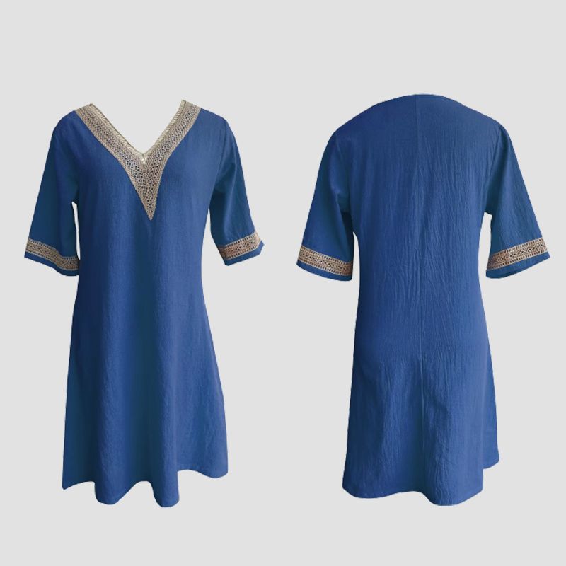 V-neck Lace-trimmed Cotton Linen Dress