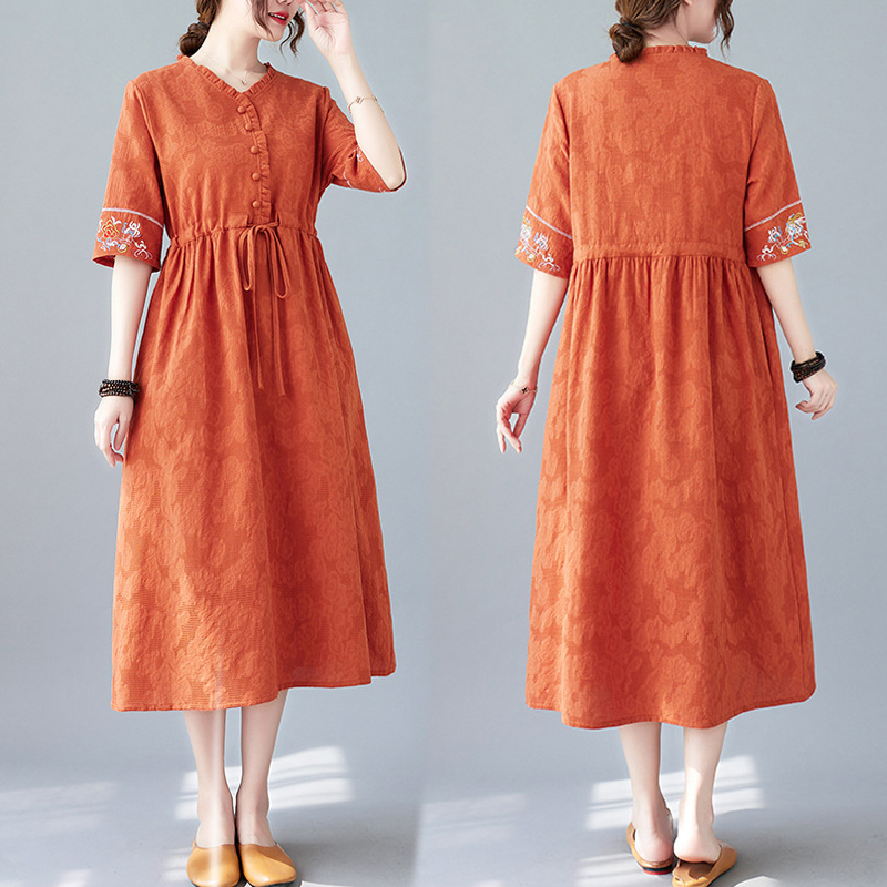Embroidered Waist Drawstring Cotton Linen Dress