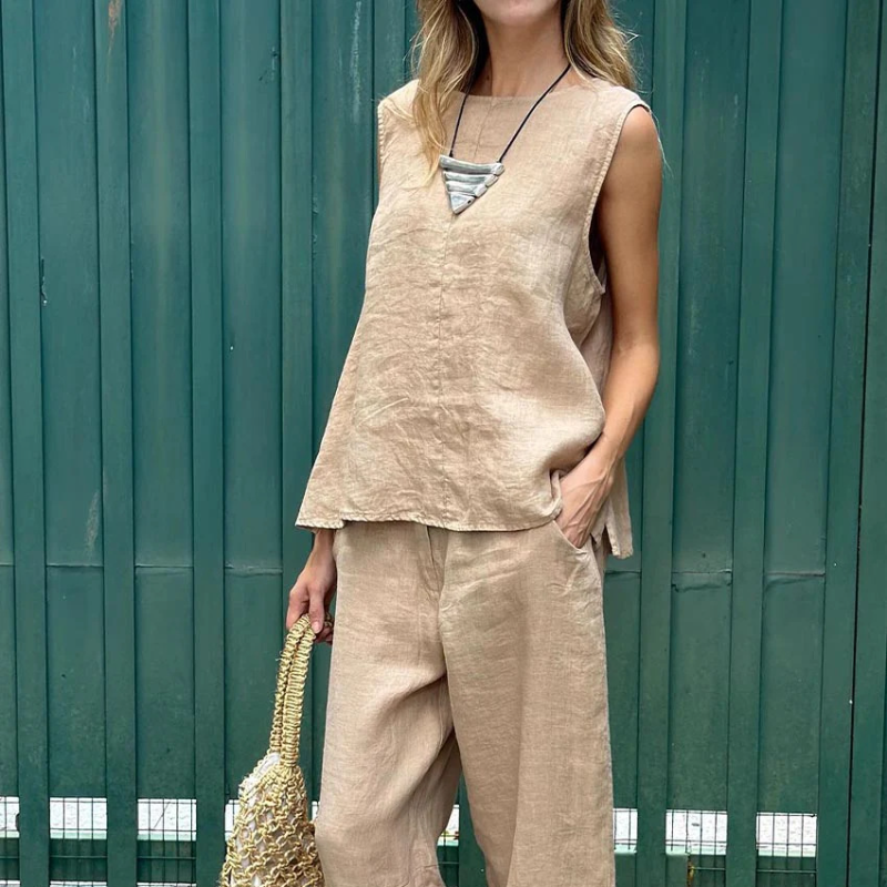 أزياء نسائية من قطعتين أزياء نسائية فضفاضة بلا أكمام وبلوزة بلا أكمام وبنطال طويل