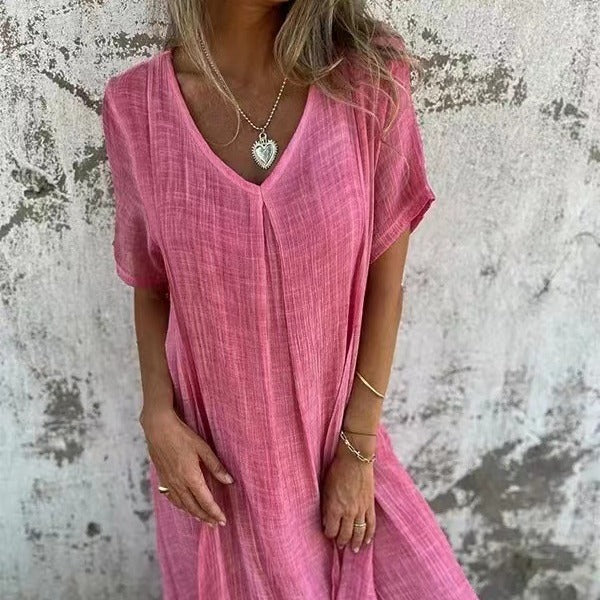 🔥Women's Loose V-neck cotton linen dress🔥FREE SHIPPING