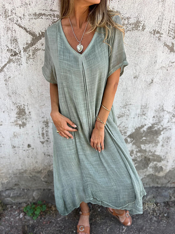 🔥Women's Loose V-neck cotton linen dress🔥FREE SHIPPING