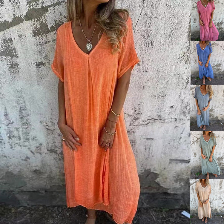 🔥Women's Loose V-neck cotton linen dress🔥FREE SHIPPING