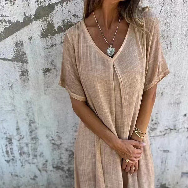 🔥Women's Loose V-neck cotton linen dress🔥FREE SHIPPING