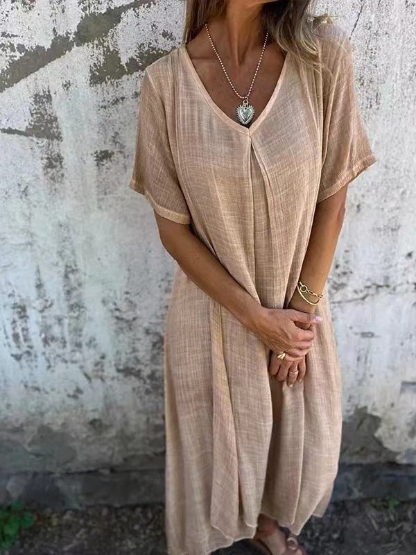 🔥Women's Loose V-neck cotton linen dress🔥FREE SHIPPING