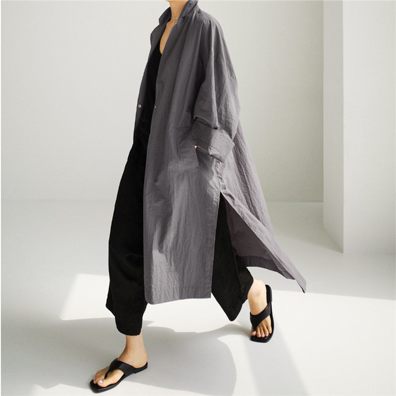 Manteau long coupe-vent fendu en coton et lin pour femme