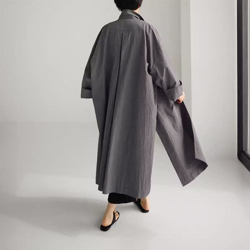 Manteau long coupe-vent fendu en coton et lin pour femme