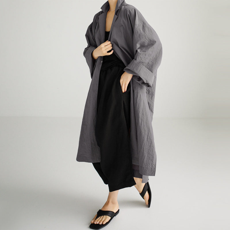 Manteau long coupe-vent fendu en coton et lin pour femme