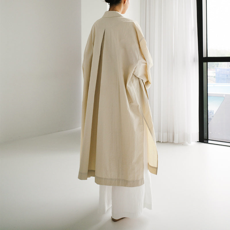 Manteau long coupe-vent fendu en coton et lin pour femme