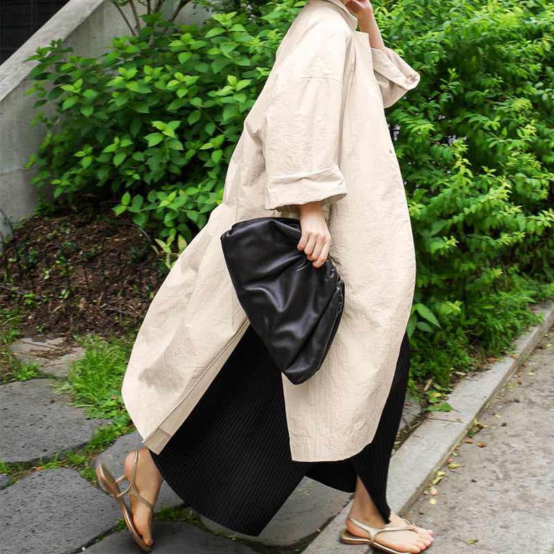 Manteau long coupe-vent fendu en coton et lin pour femme