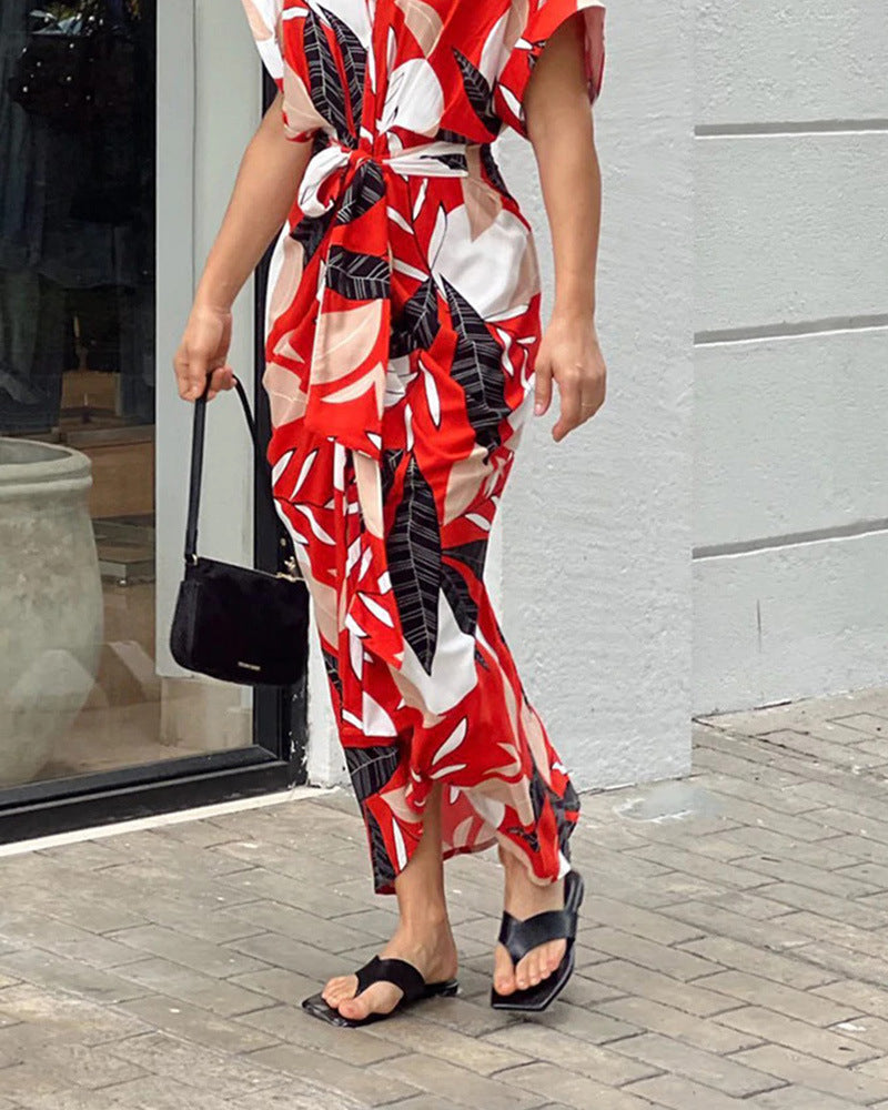 تنزيلات الصيف خصم 49%🔥 فستان قميص كاجوال بياقة مطبوعة على الخصر