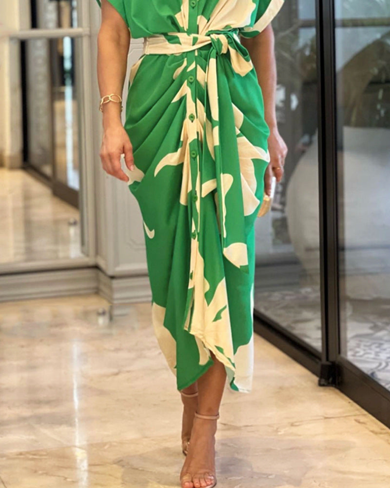 تنزيلات الصيف خصم 49%🔥 فستان قميص كاجوال بياقة مطبوعة على الخصر