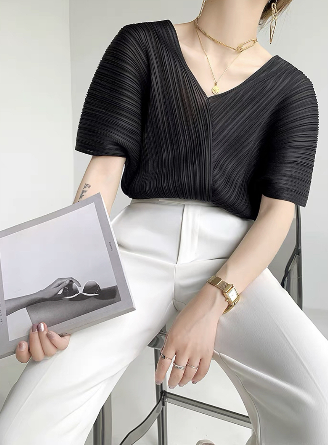 Khloe Pleated V Neck Blouse-The Black Bow-