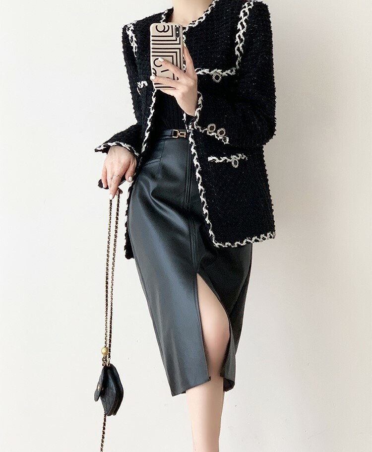 Loucille Front Slit Faux Leather Skirt (Discounted-S & L Size)-The Black Bow-