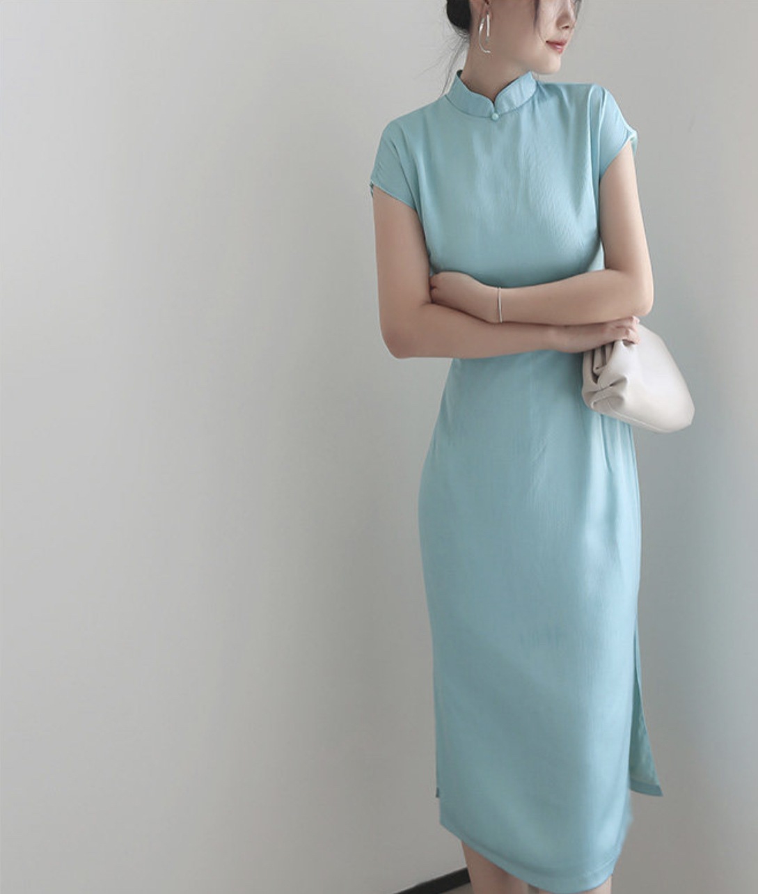 Chen's Mandarin Collar Textured Cheongsam - Lake Blue-The Black Bow-