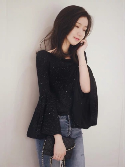 Starry Flounce Sleeves Stretch Knit Top-The Black Bow-