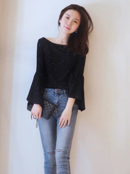 Starry Flounce Sleeves Stretch Knit Top-The Black Bow-