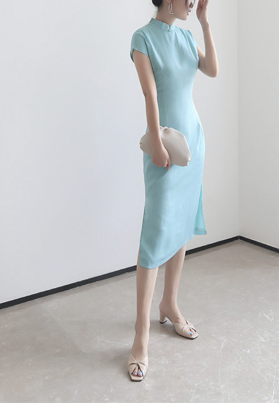 Chen's Mandarin Collar Textured Cheongsam - Lake Blue-The Black Bow-