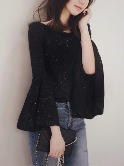 Starry Flounce Sleeves Stretch Knit Top-The Black Bow-