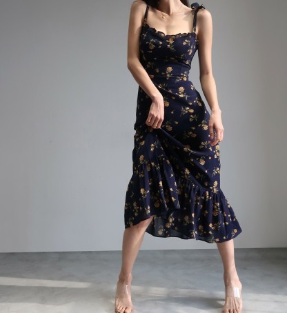 Torynna Ribbon Tie Floral Midaxi Dress-The Black Bow-