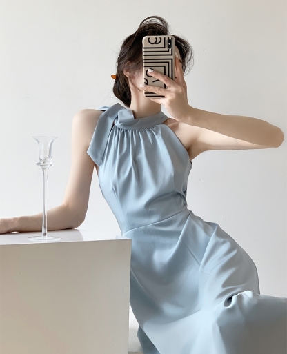 Sharon Halter Neck Flare Hem Dress-The Black Bow-