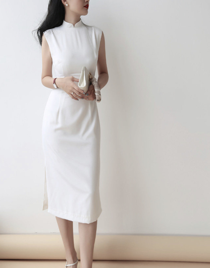 Yu's Simple Mandarin Collar Cheongsam - White-The Black Bow-
