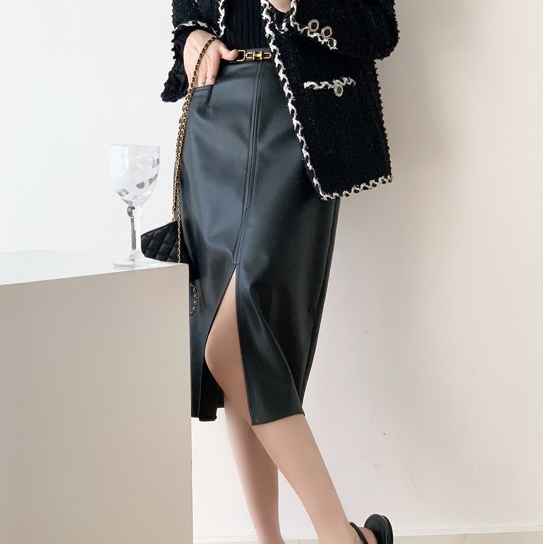 Loucille Front Slit Faux Leather Skirt (Discounted-S & L Size)-The Black Bow-