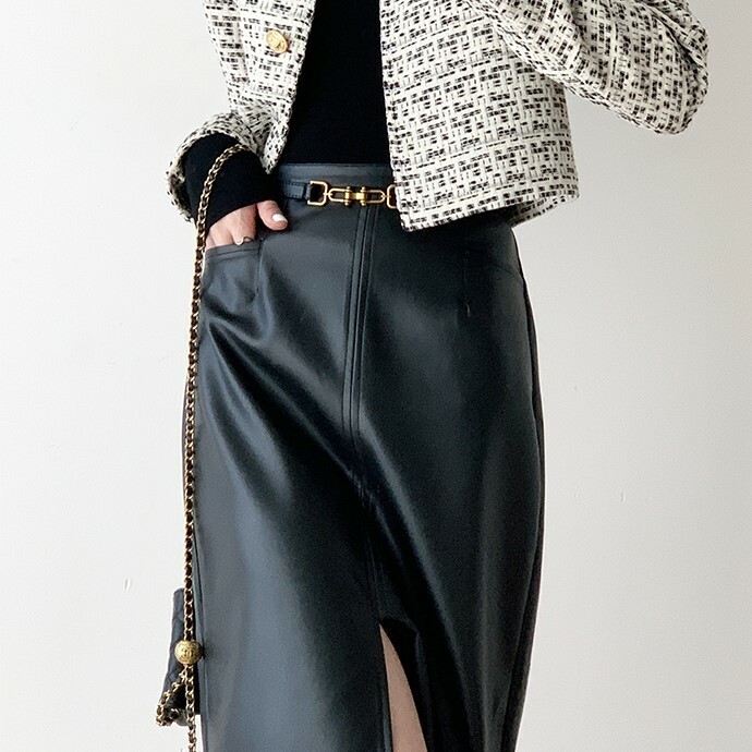 Loucille Front Slit Faux Leather Skirt (Discounted-S & L Size)-The Black Bow-
