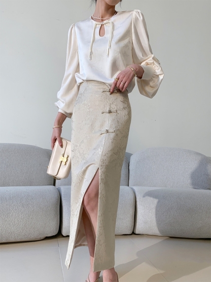 Zhou Bing Oriental Side Slit Skirt-The Black Bow-