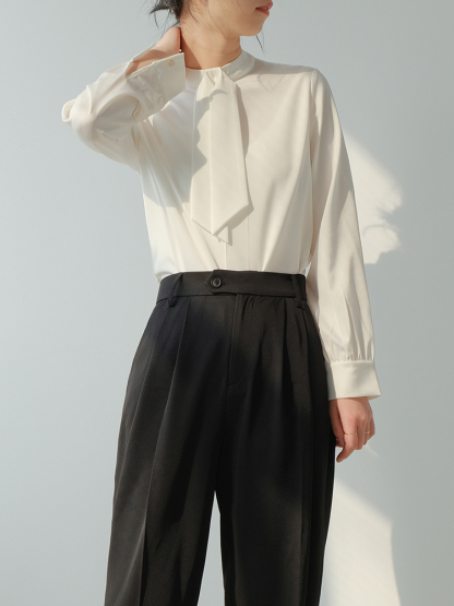 Madigan Stand Collar Satin Shirt (White & Pink)-The Black Bow-