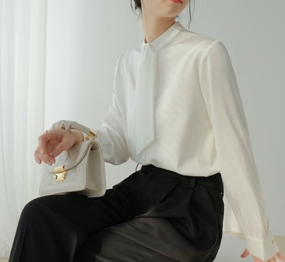 Madigan Stand Collar Satin Shirt (White & Pink)-The Black Bow-