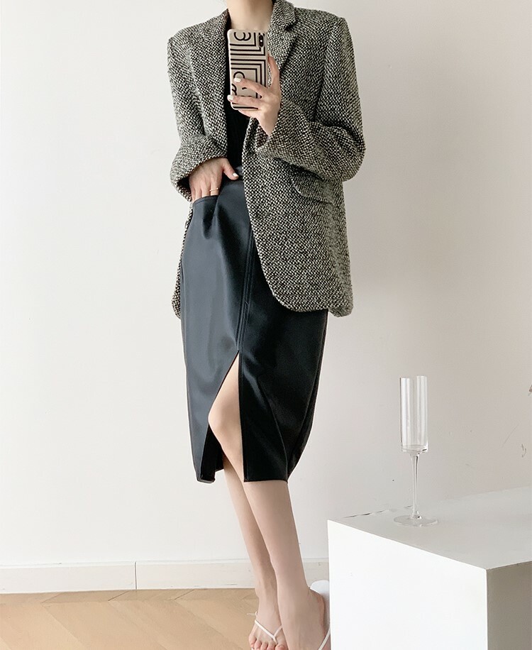 Loucille Front Slit Faux Leather Skirt (Discounted-S & L Size)-The Black Bow-