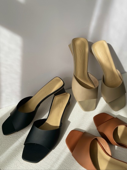 Bisou Geometric Block Heel Sandals-Sand Beige-The Black Bow-