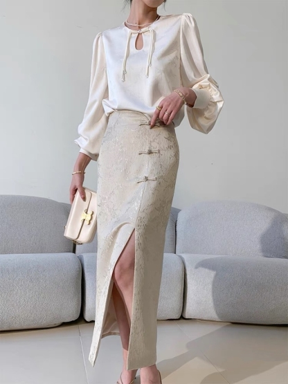 Zhou Bing Oriental Side Slit Skirt-The Black Bow-