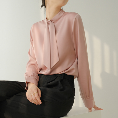 Madigan Stand Collar Satin Shirt (White & Pink)-The Black Bow-