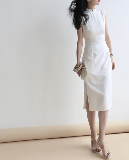 Yu's Simple Mandarin Collar Cheongsam - White-The Black Bow-