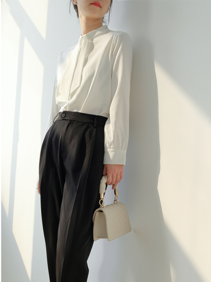 Madigan Stand Collar Satin Shirt (White & Pink)-The Black Bow-