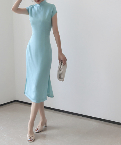 Chen's Mandarin Collar Textured Cheongsam - Lake Blue-The Black Bow-