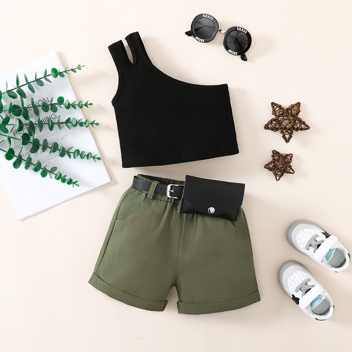 Toddler Girl Fashion Solid Color Asymmetric Tank Top & Shorts & Belt Wholesale