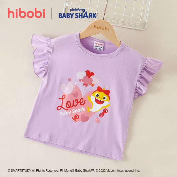 hibobi x Baby Shark Toddler Girl Sweet Cartoon Printing Fly Sleeves Cute T-shirt Wholesale