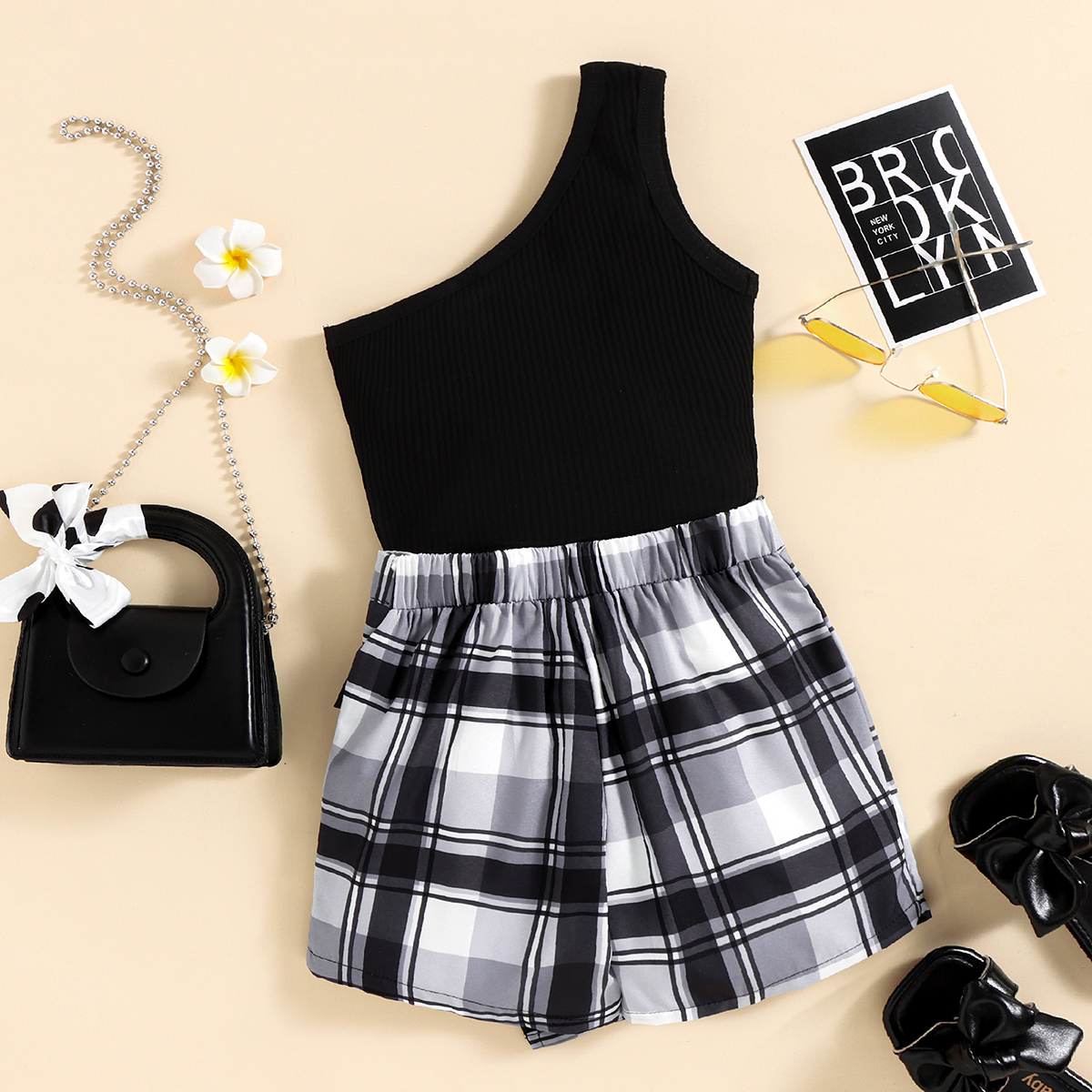 购物车加购品和商详页加购品主商品-Toddler Girls Open Shoulder Plaid Top & Shorts Wholesale