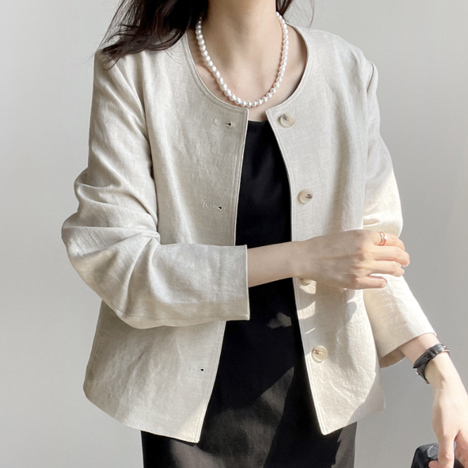 韓版氣質百搭亞麻圓領小西裝防曬開衫-Cicichill