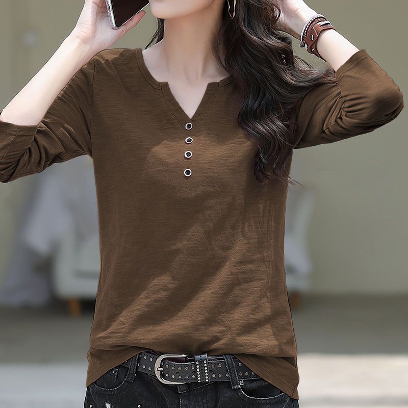 【全六色】寬鬆百搭V領上衣打底衫潮竹節棉長袖-Cicichill