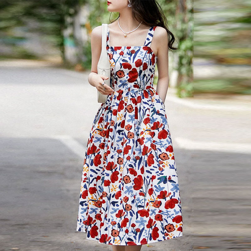 法式復古油畫印花顯瘦吊帶連衣裙/傘型剪裁半裙套裝